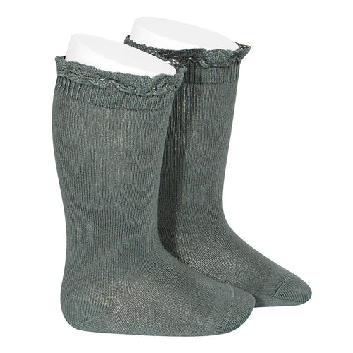 Condor Cotton Frill Knee High  Socks- Cedar Green