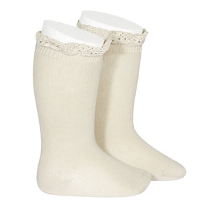 Condor Cotton Frill Knee High  Socks- Linen
